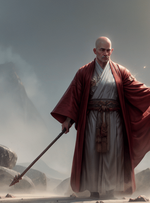 monk, spear, mountains