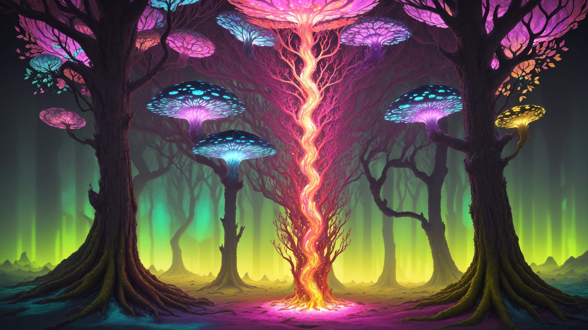 AI generated wallpaper featuring trees, mushrooms, glowing