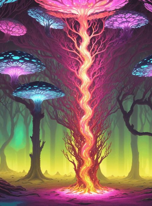 trees, mushrooms, glowing