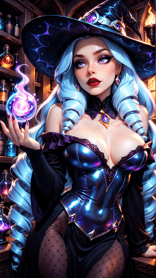 AI generated wallpaper featuring witch, wizard, crystal ball, bottles, hats, costume, corset, gloves, hair, sparkles