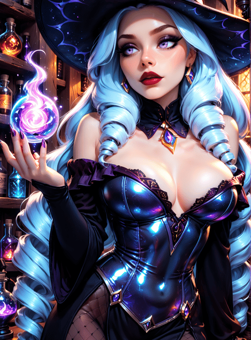 witch, wizard, crystal ball, bottles, hats, costume, corset, gloves, hair, sparkles