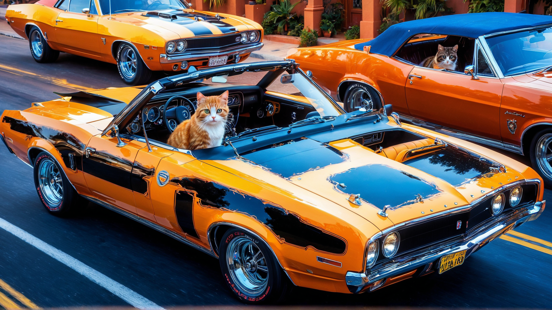 AI generated wallpaper featuring cats, cars, convertible