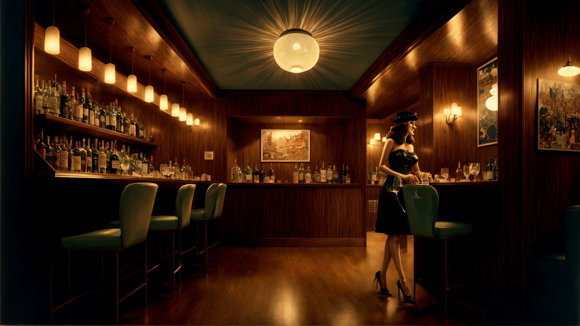AI generated wallpaper featuring bar, woman, bottle, chair, lamp, painting, wine glass, wood, dress, hat