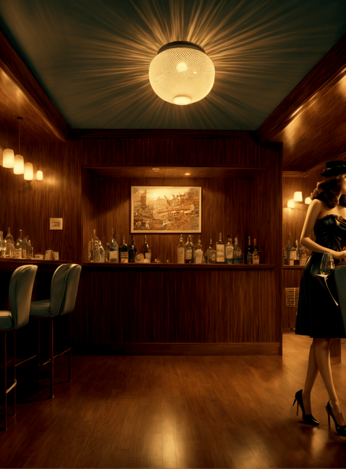 bar, woman, bottle, chair, lamp, painting, wine glass, wood, dress, hat