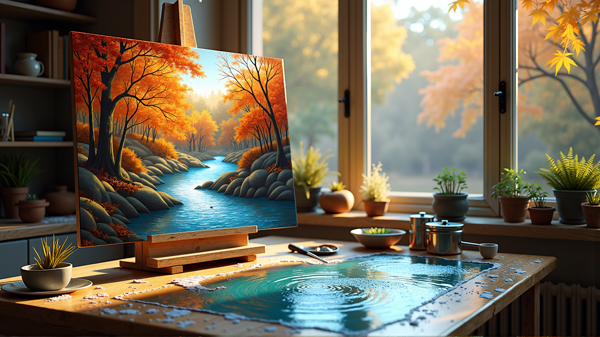 AI generated wallpaper featuring painting, river, trees, room, window, plants, table, paintbrush, books, cups