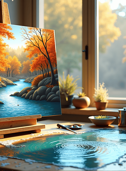 painting, river, trees, room, window, plants, table, paintbrush, books, cups