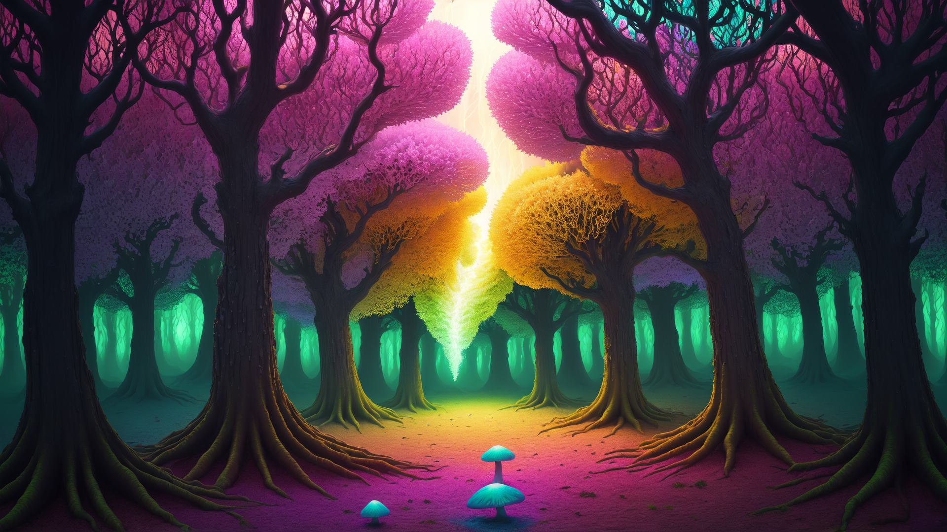 AI generated wallpaper featuring trees, mushrooms, forest