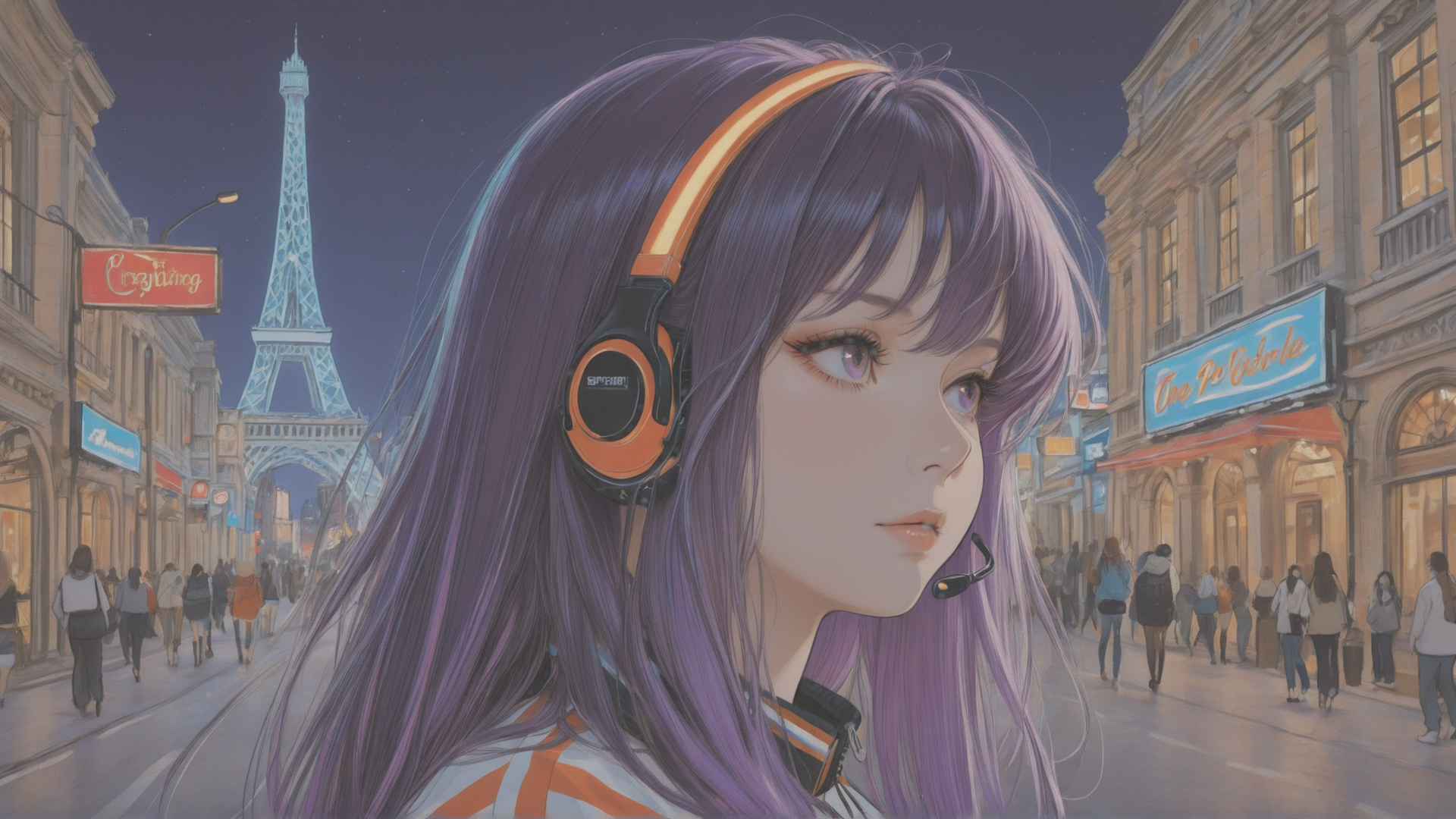 AI generated wallpaper featuring girl, headphones, eiffel tower, city street, people, store signs, purple hair, microphone, coat, headband