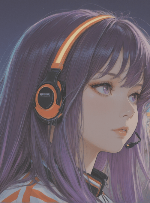 girl, headphones, eiffel tower, city street, people, store signs, purple hair, microphone, coat, headband