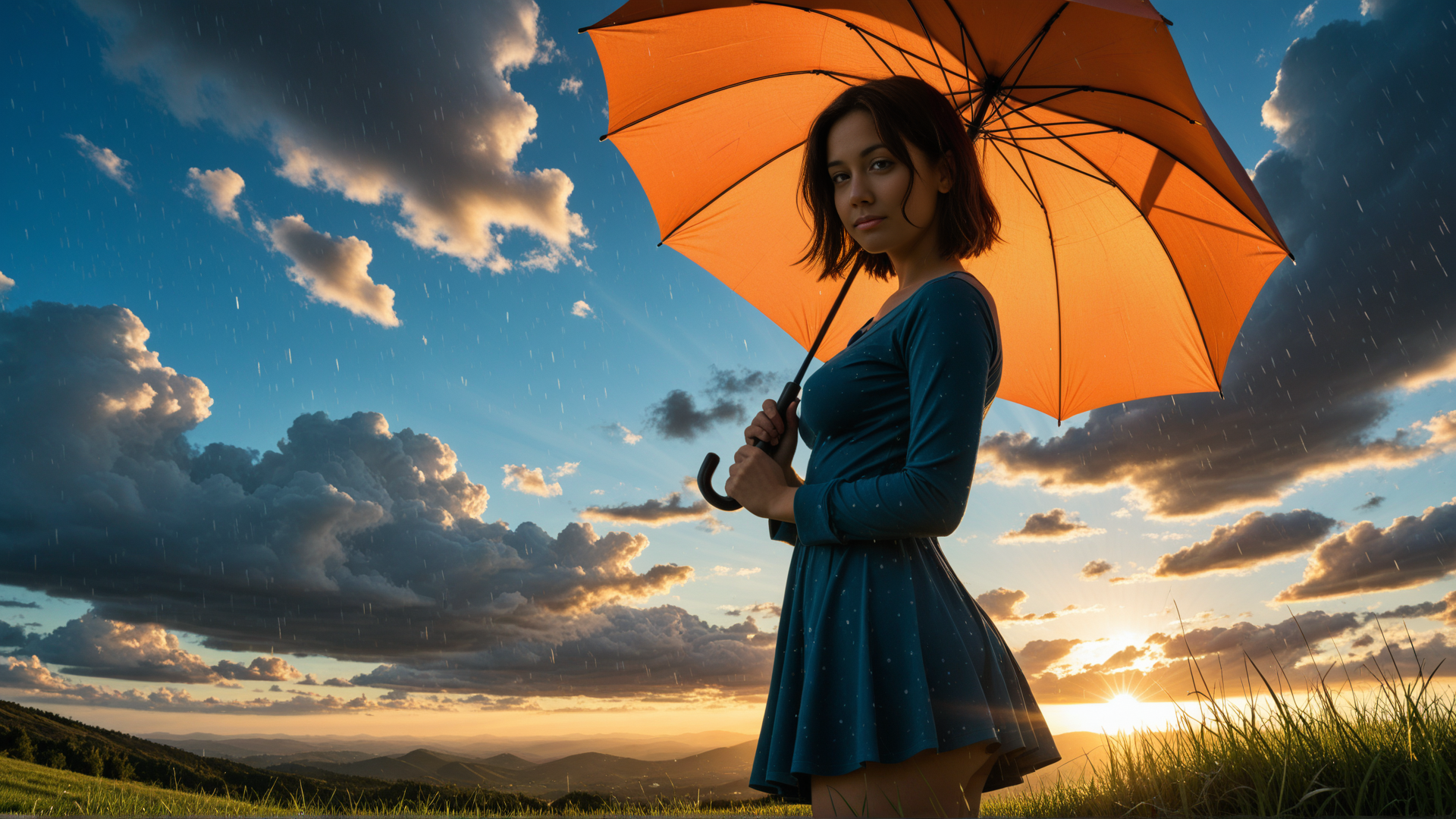 AI generated wallpaper featuring woman, umbrella, field
