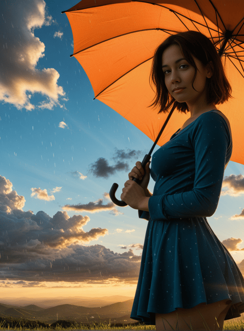 woman, umbrella, field