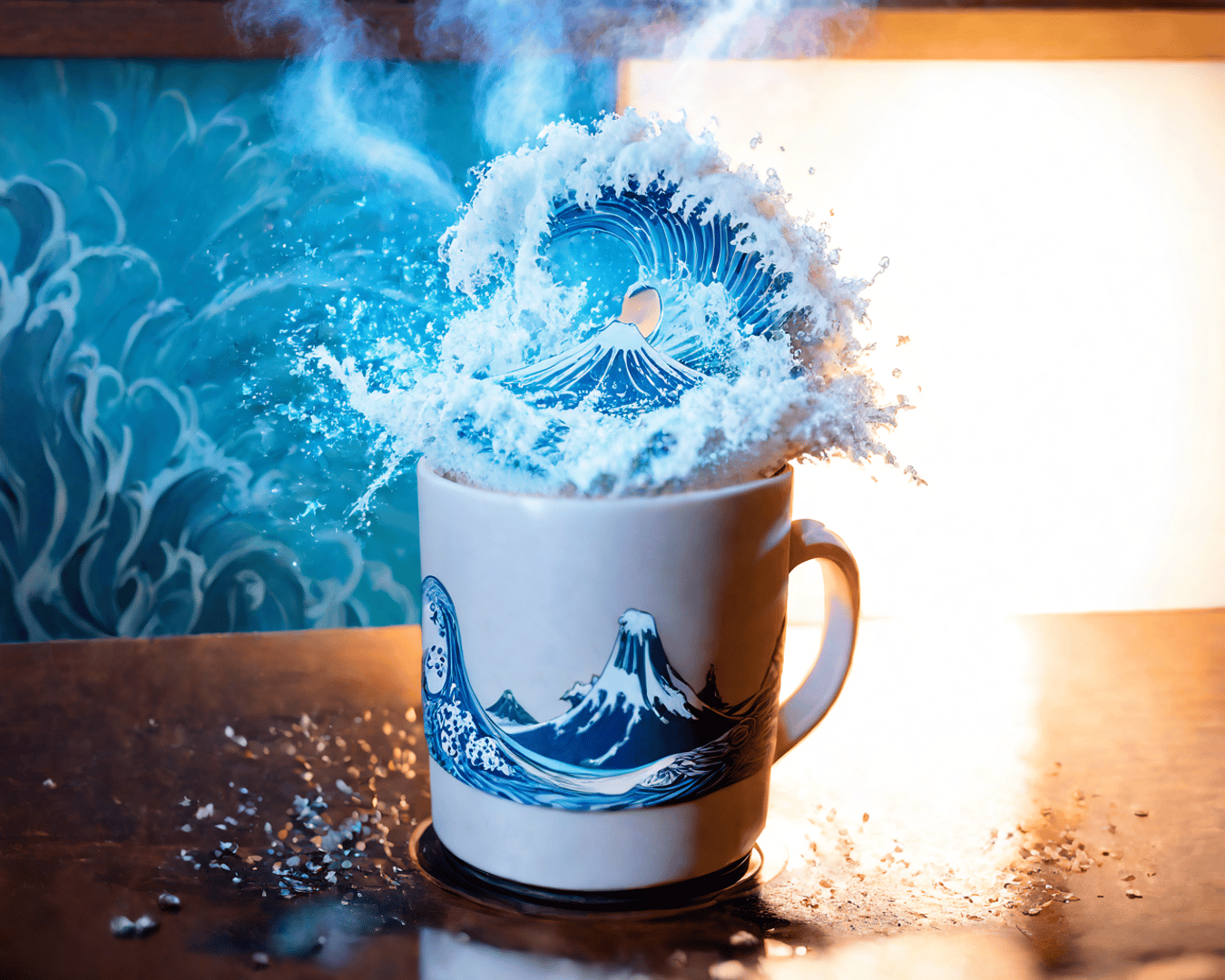 AI generated wallpaper featuring cup, wave, mountain