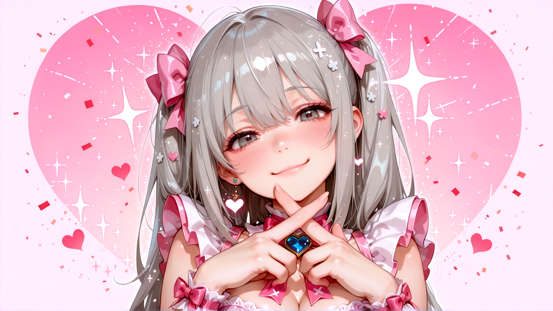 AI generated wallpaper featuring girl, anime, heart, bow, sparkle, ribbon, heart-shaped, diamond, hair, earrings