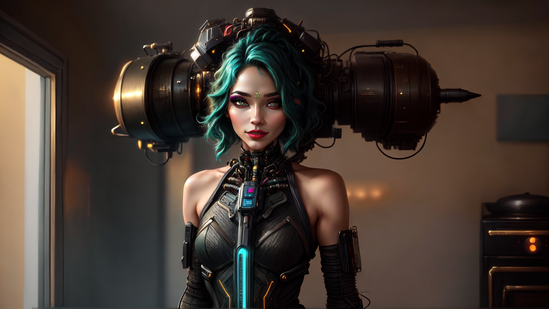 AI generated wallpaper featuring cyborg, woman, camera, gadget, futurism