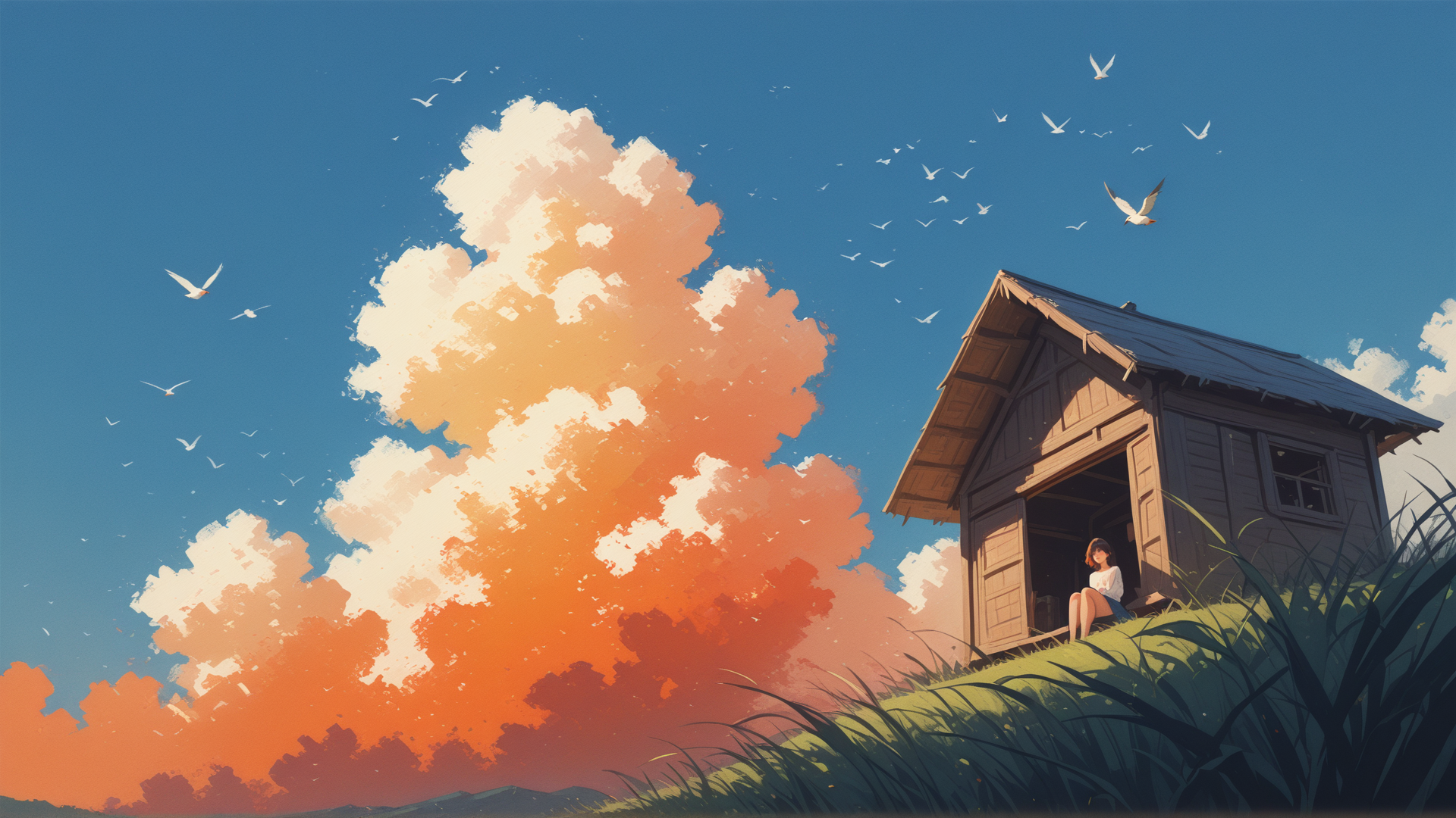 AI generated wallpaper featuring girl, house, clouds
