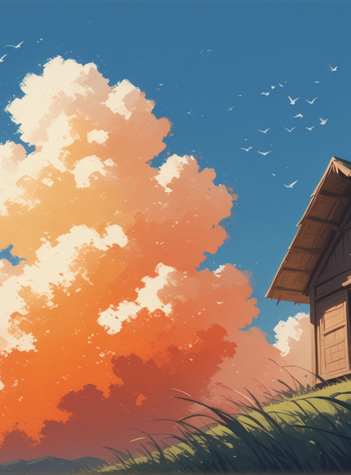 girl, house, clouds