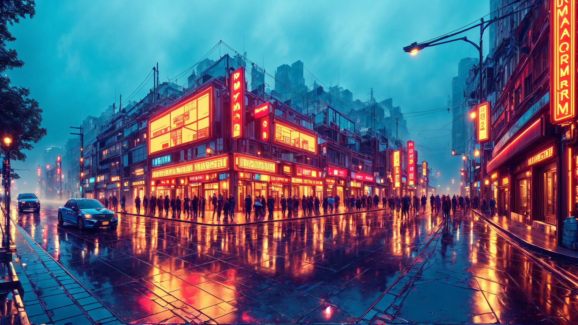 AI generated wallpaper featuring street, city, buildings, neon signs, cars, people, rain, sirens, trees, sky