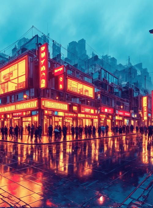 street, city, buildings, neon signs, cars, people, rain, sirens, trees, sky