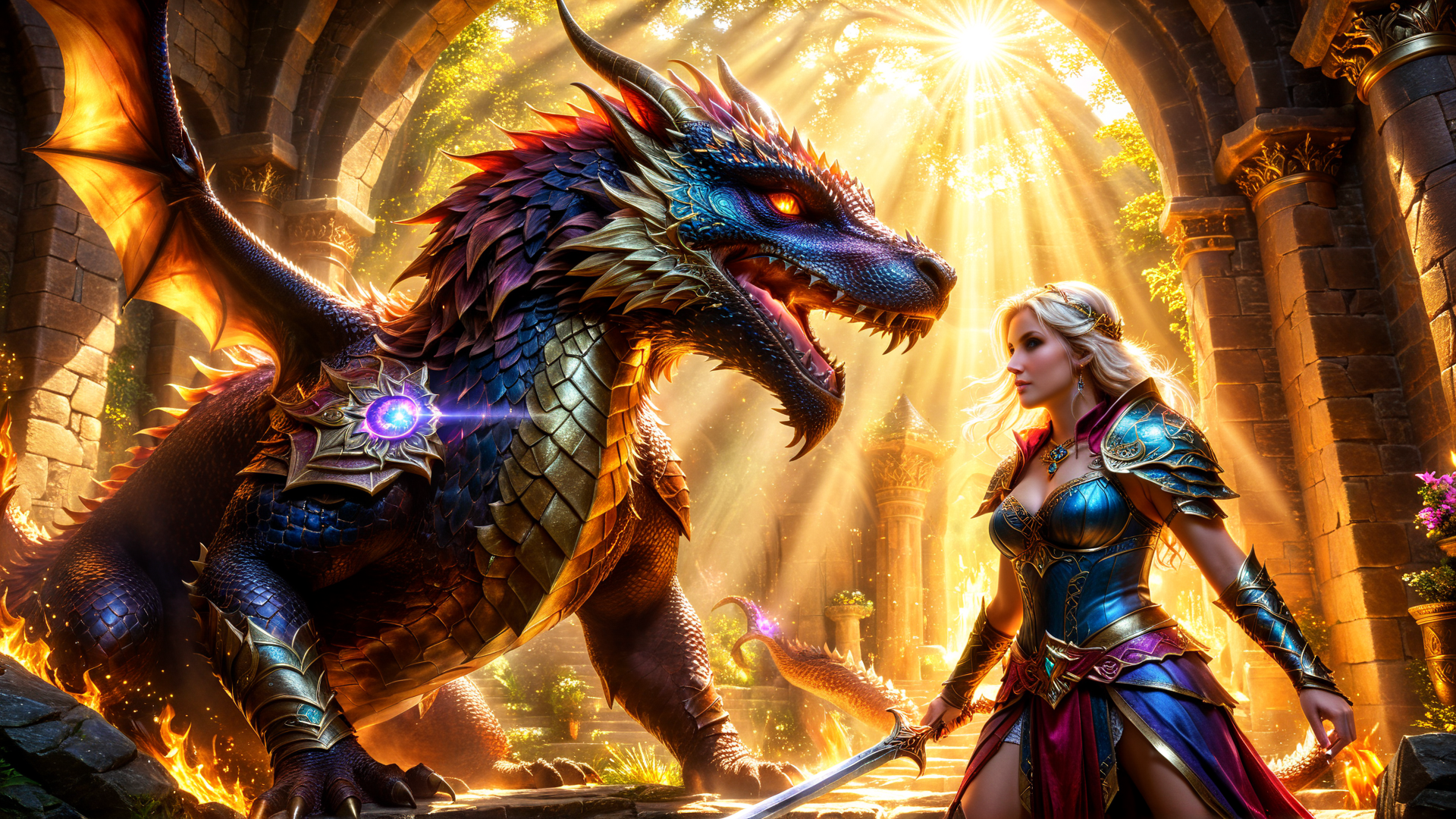 AI generated wallpaper featuring dragon, woman, sword, castle, sunlight, armor, magic
