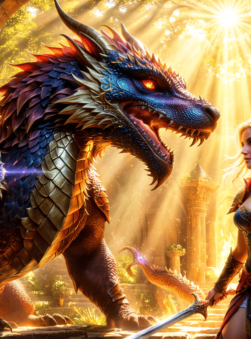 dragon, woman, sword, castle, sunlight, armor, magic