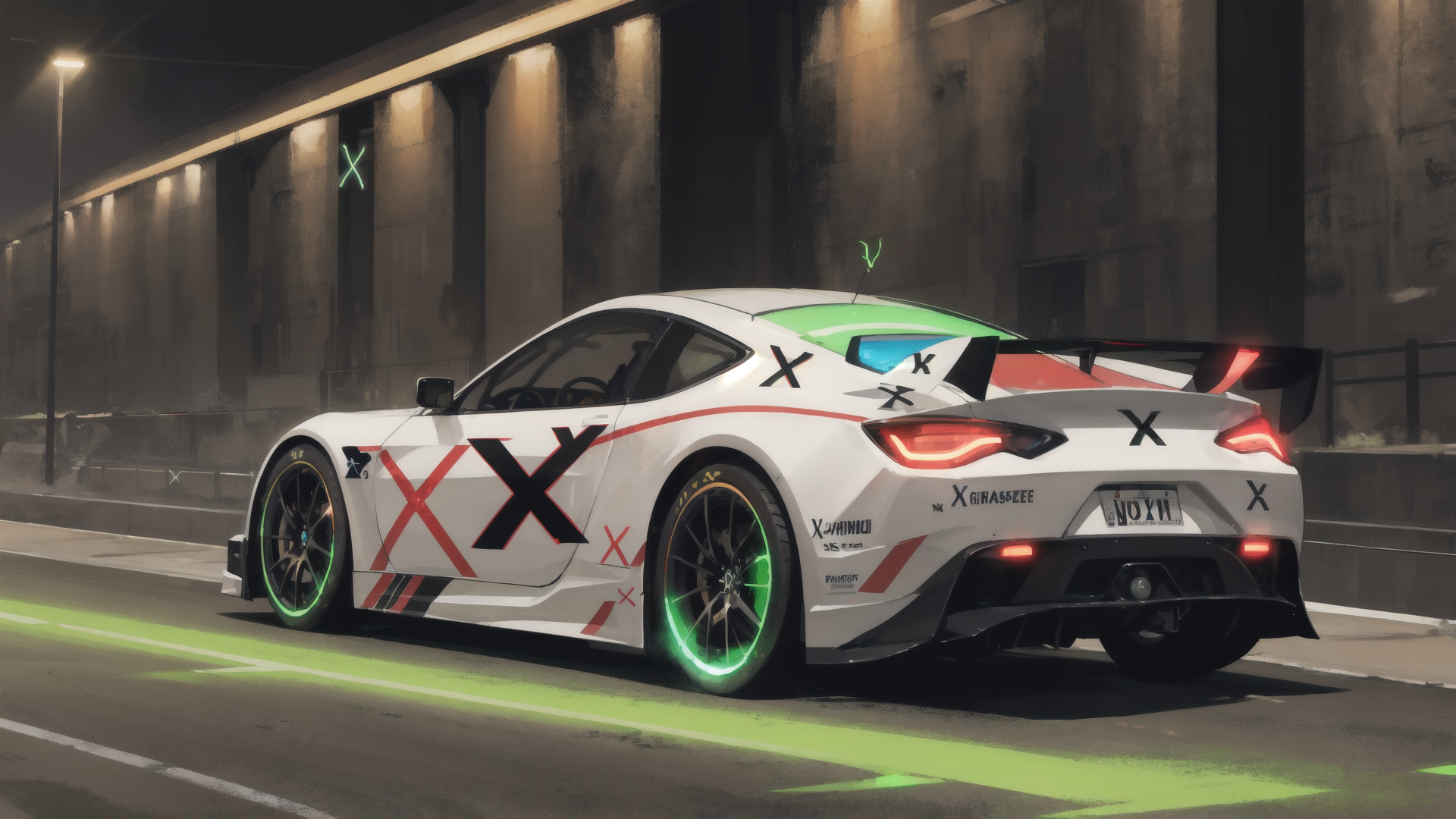 AI generated wallpaper featuring sports car, race car, car, road, bridge, neon, light, wheels, license plate, x