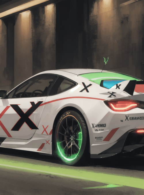 sports car, race car, car, road, bridge, neon, light, wheels, license plate, x