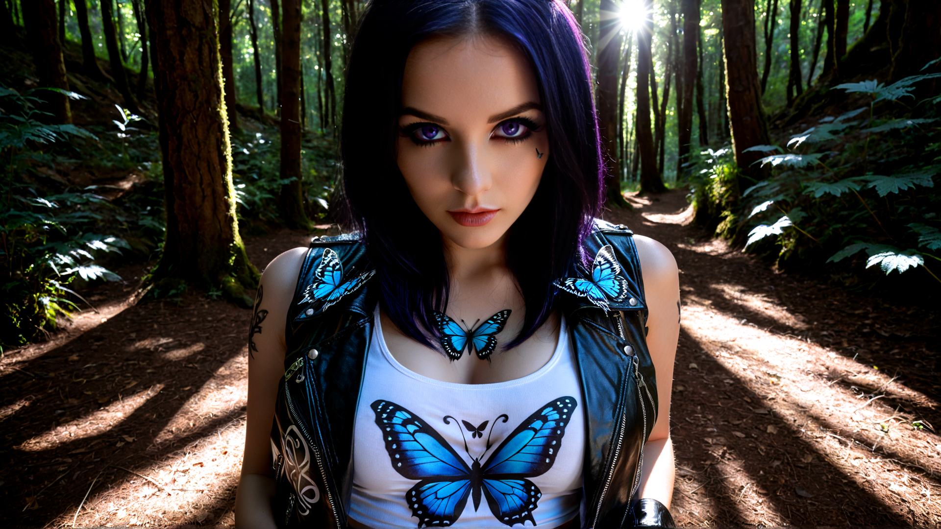 AI generated wallpaper featuring woman, butterfly, forest