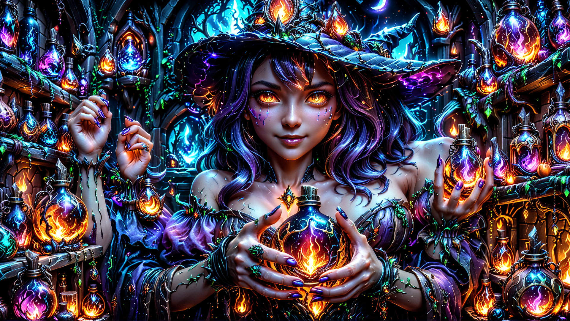 AI generated wallpaper featuring witch, bottle, shelves, lanterns, hat, magic, woman, flame, potion, villain