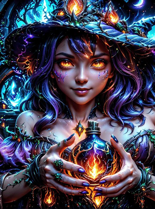 witch, bottle, shelves, lanterns, hat, magic, woman, flame, potion, villain