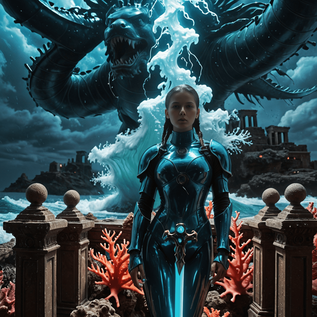 AI generated wallpaper featuring woman, dragon, coral