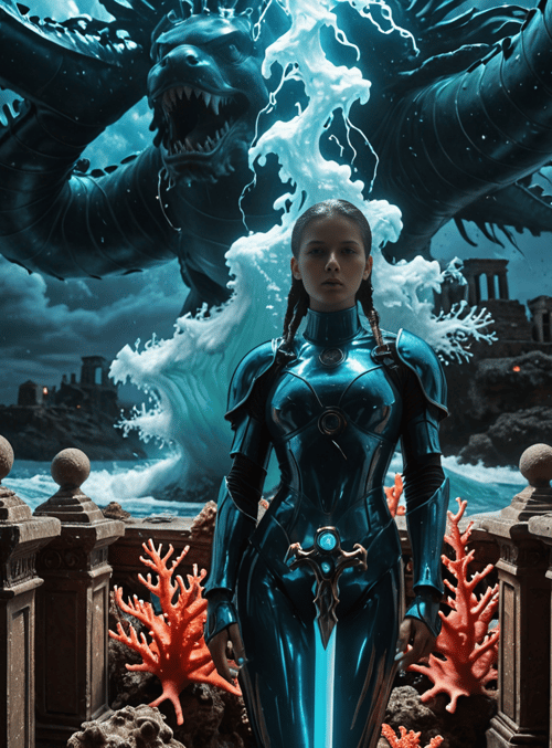 woman, dragon, coral