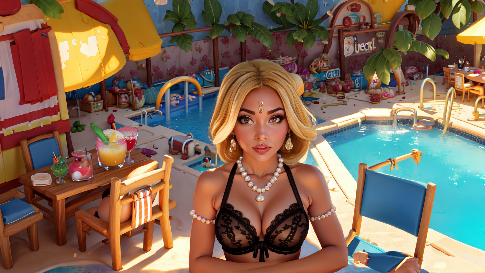 AI generated wallpaper featuring woman, pool, beach, tropical, pearl