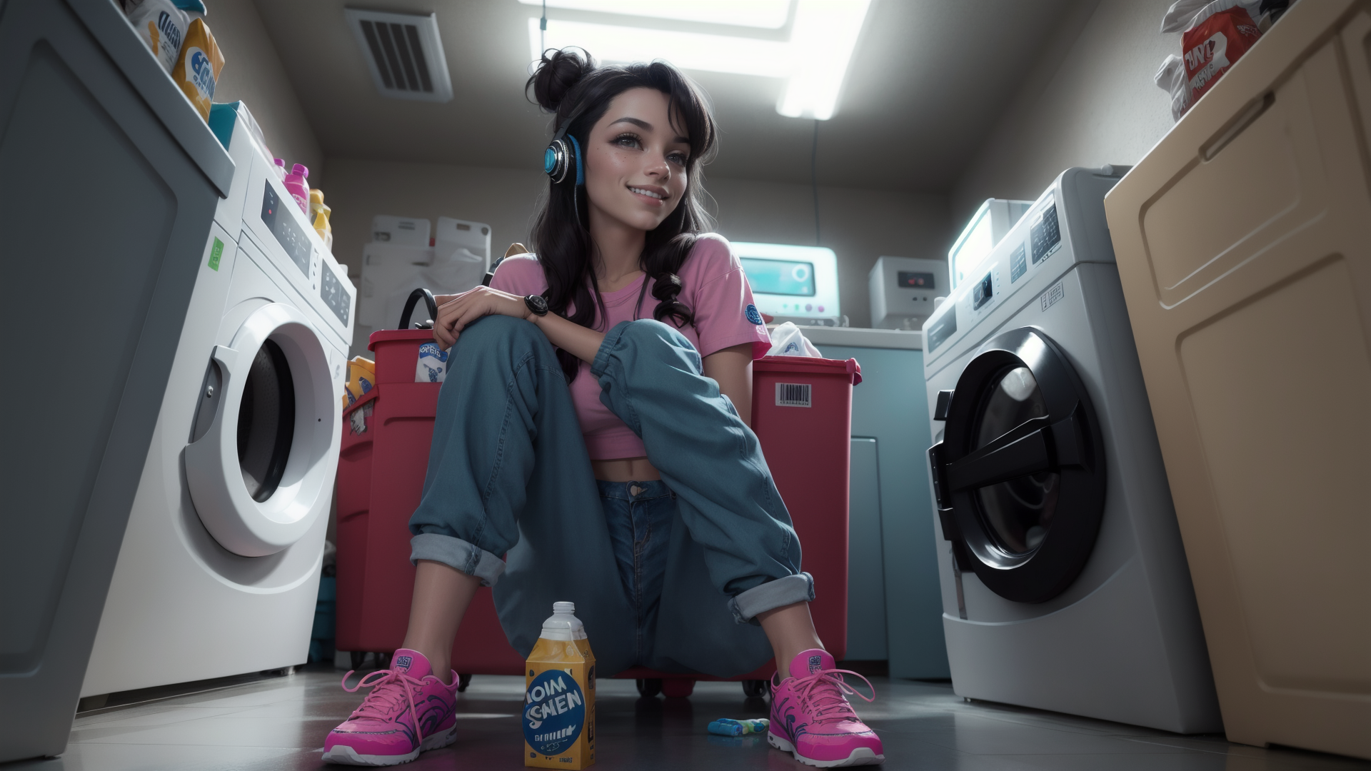 AI generated wallpaper featuring woman, laundry, headphones