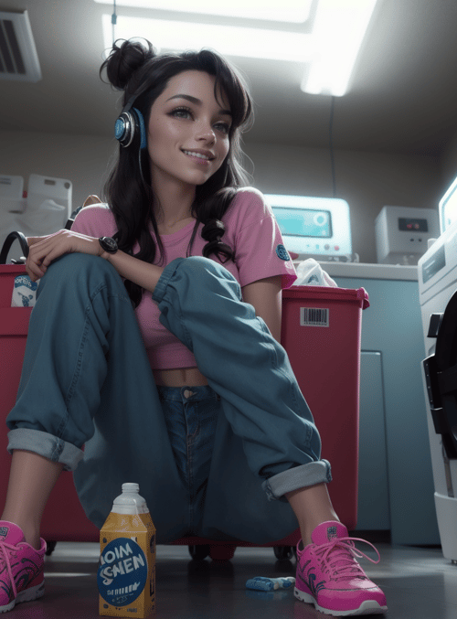woman, laundry, headphones