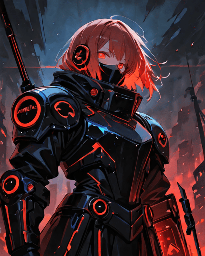 AI generated wallpaper featuring cybernetic warrior, mecha, anime character