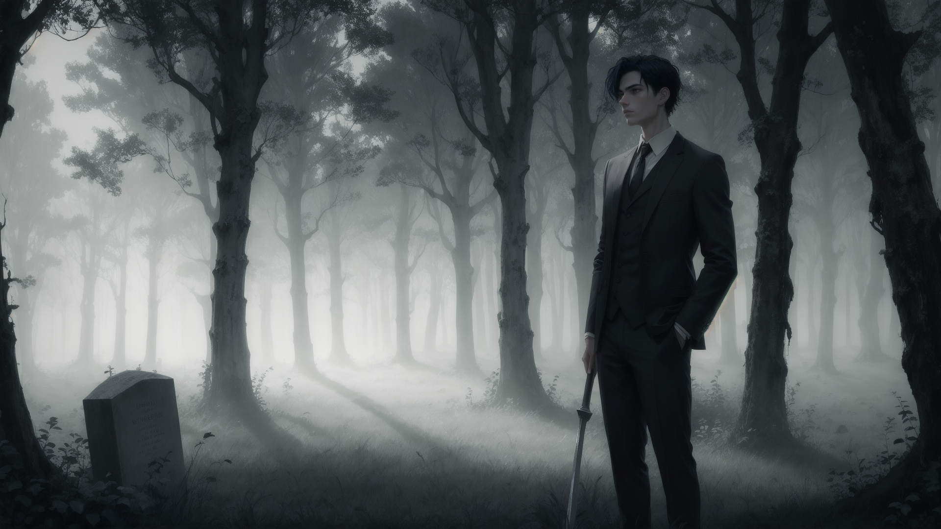 AI generated wallpaper featuring man, sword, tree