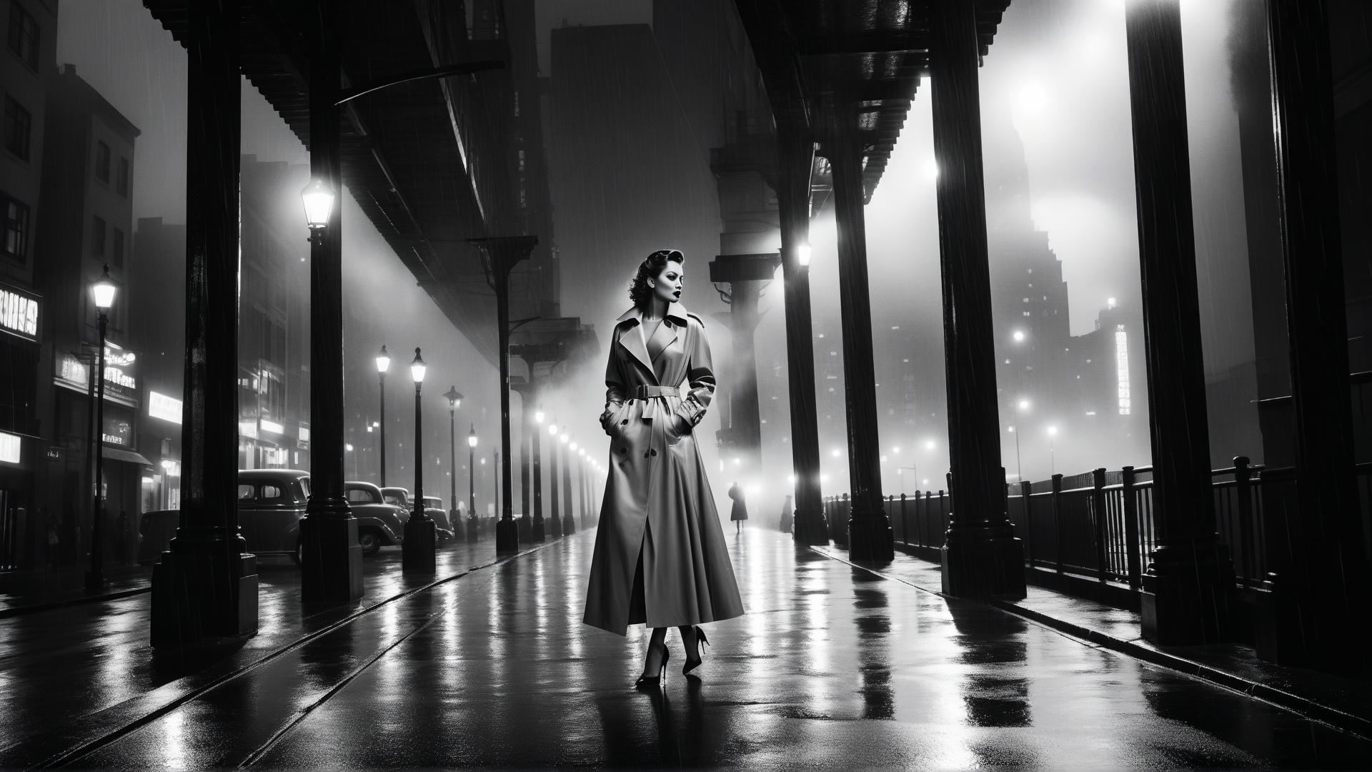 AI generated wallpaper featuring woman, city, rain