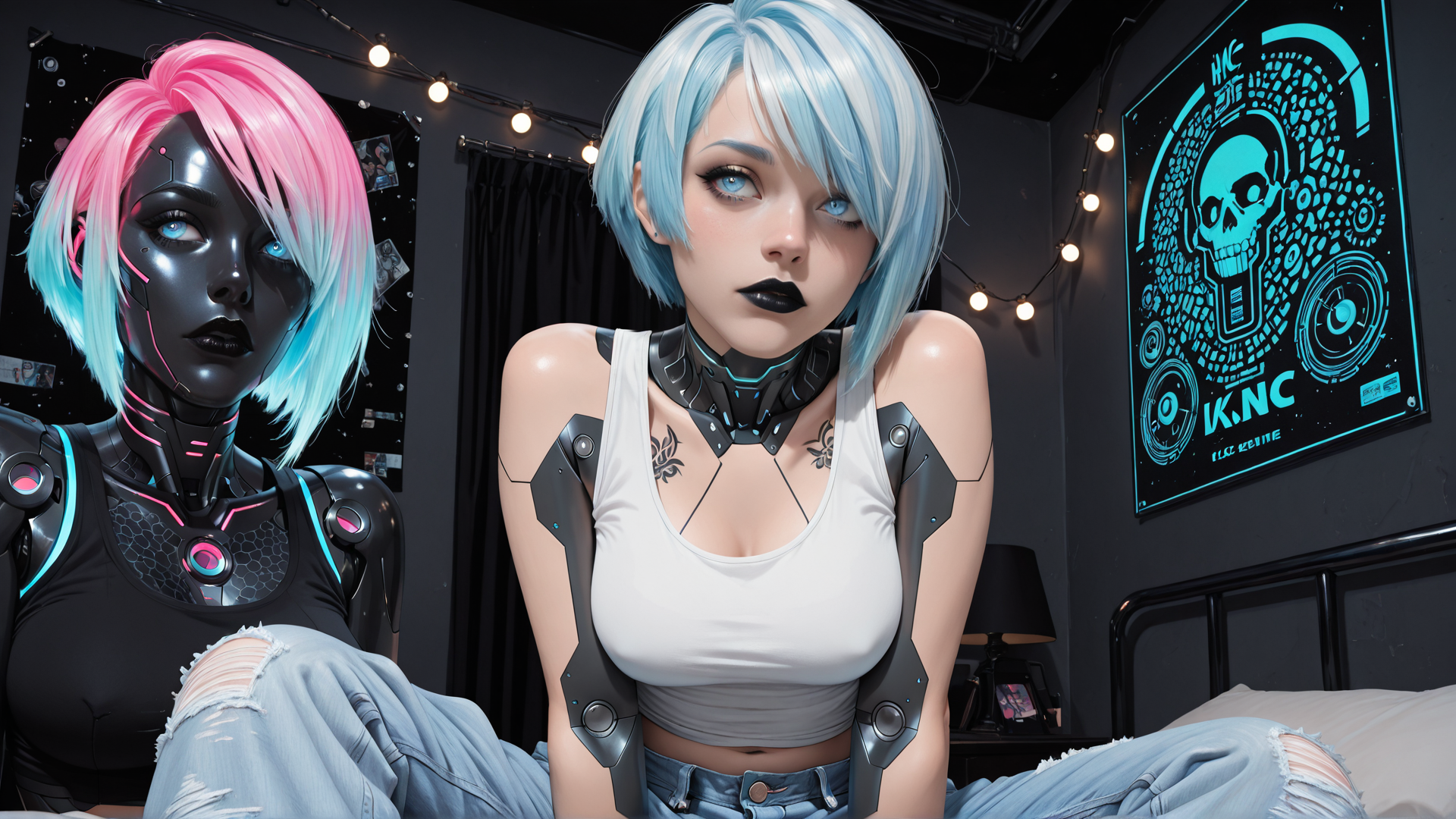 AI generated wallpaper featuring cyborg, girl, robot, fashion, tattoo, poster, bedroom, lights, skull, jeans