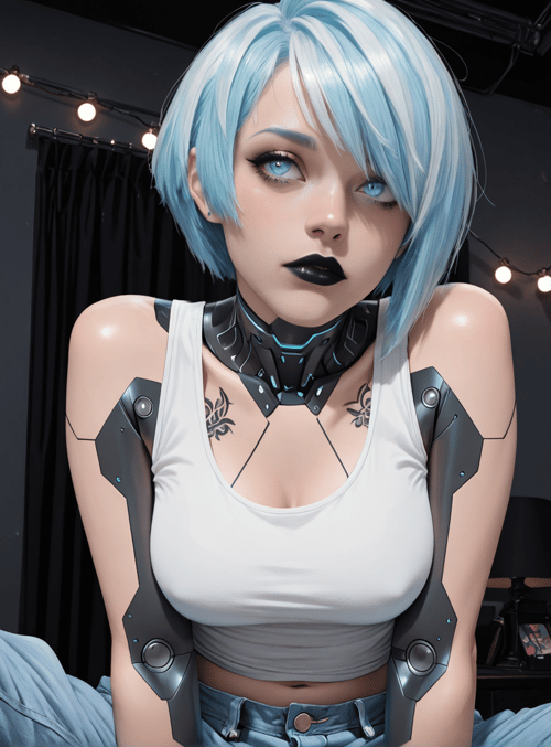 cyborg, girl, robot, fashion, tattoo, poster, bedroom, lights, skull, jeans