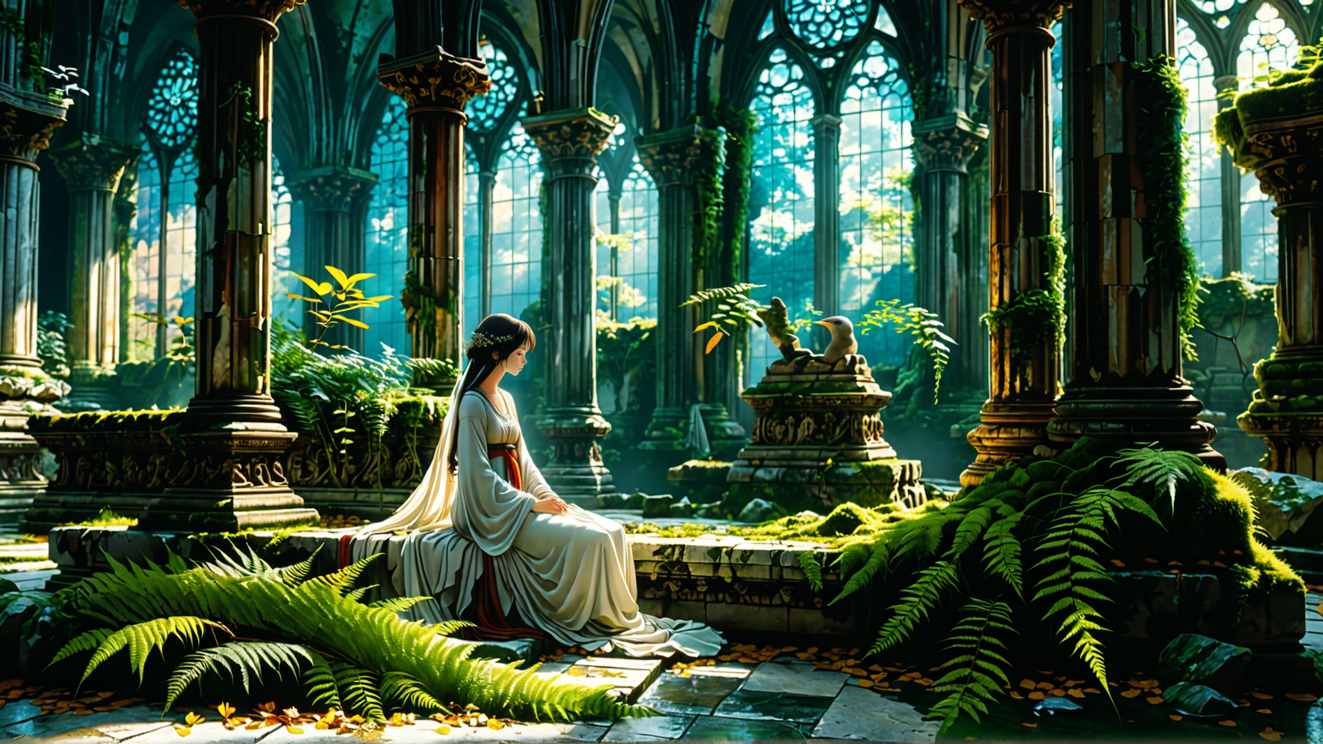 AI generated wallpaper featuring woman, column, ferns, bird, stained glass, statue, moss, arch, dress, leaves