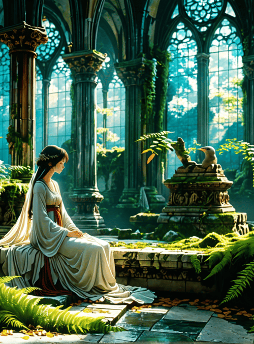 woman, column, ferns, bird, stained glass, statue, moss, arch, dress, leaves