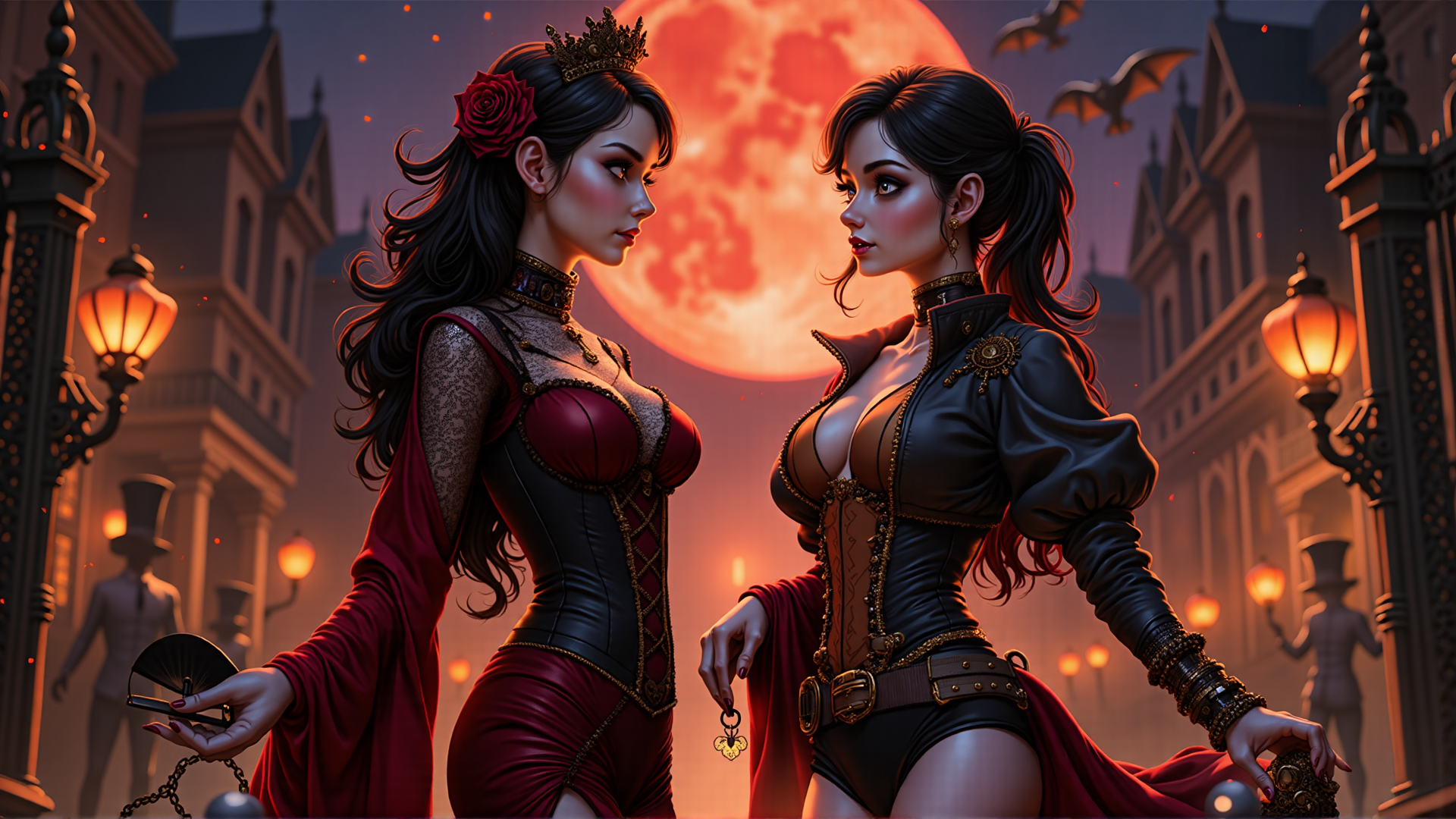 AI generated wallpaper featuring women, crown, fan, key, bat, moon, dress, building, streetlamp, cloak