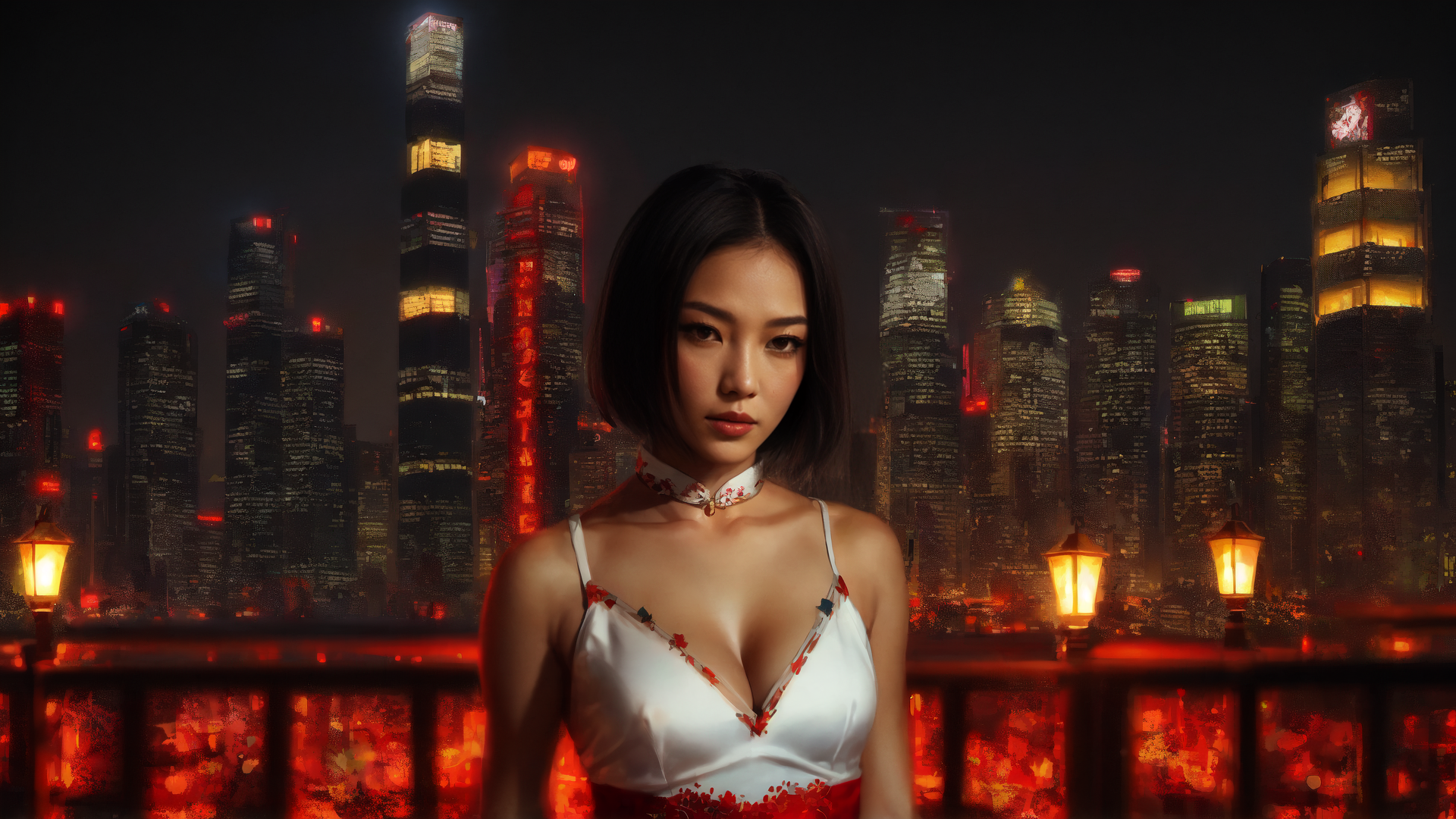 AI generated wallpaper featuring woman, cityscape, lampion