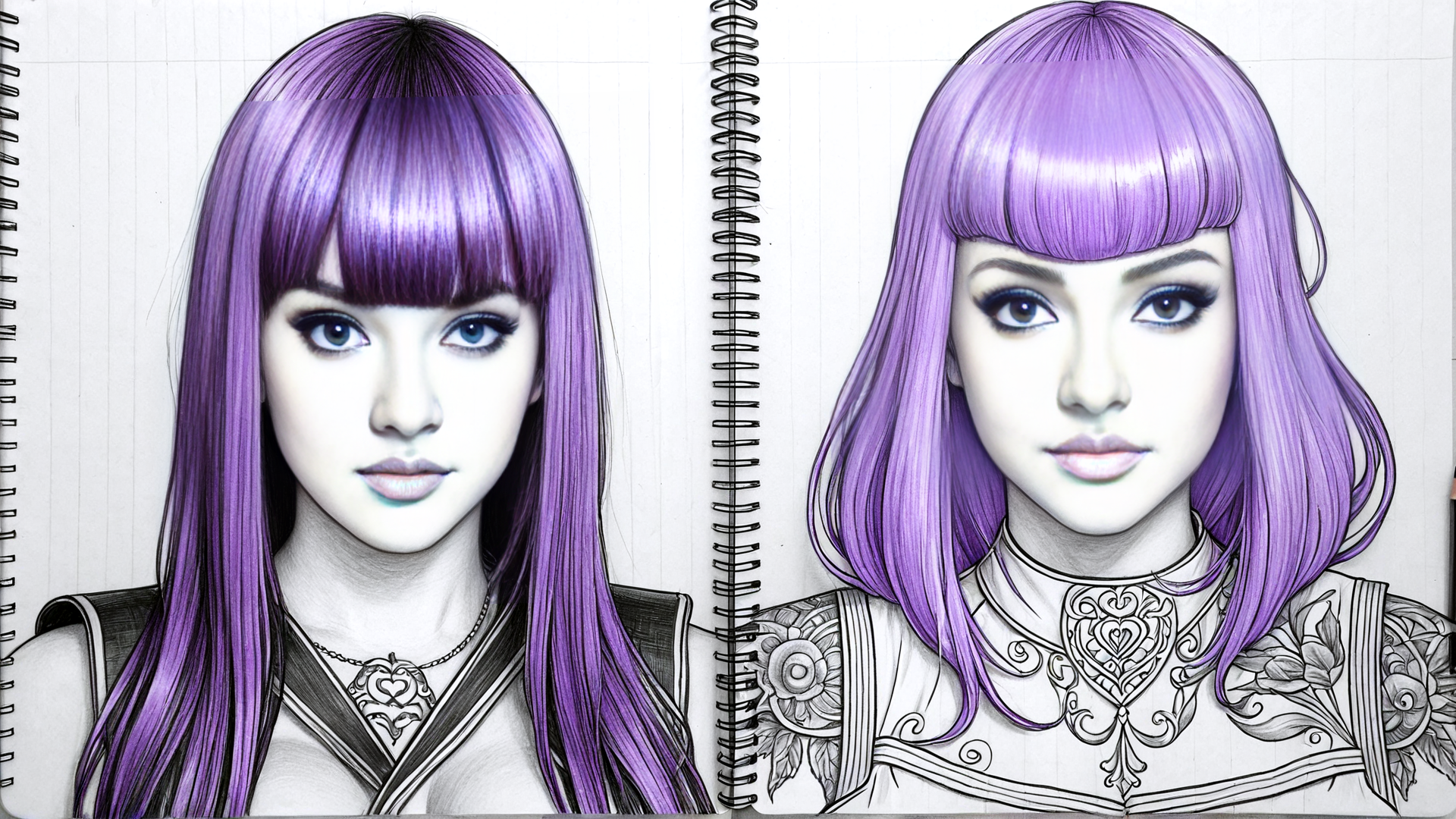AI generated wallpaper featuring hair, character, sketchbook, portrait, design
