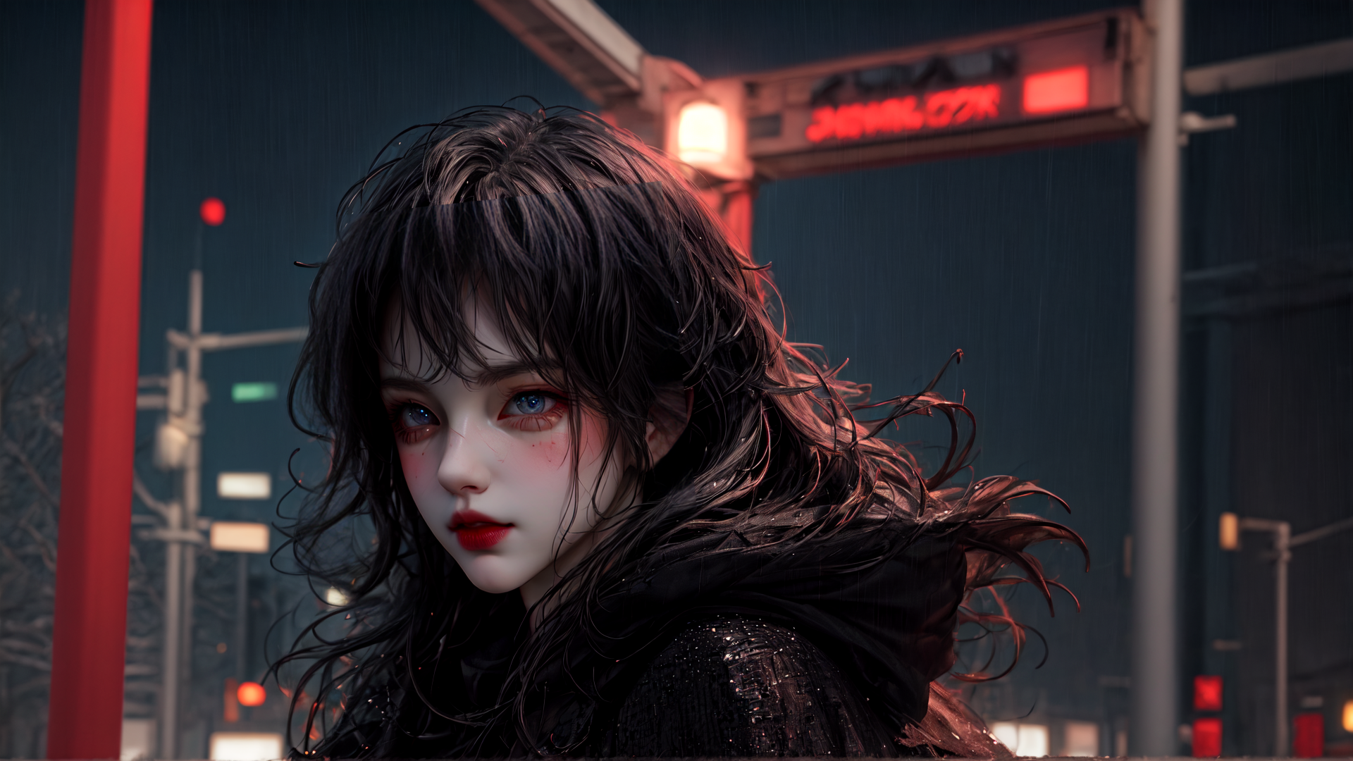 AI generated wallpaper featuring woman, rain, city
