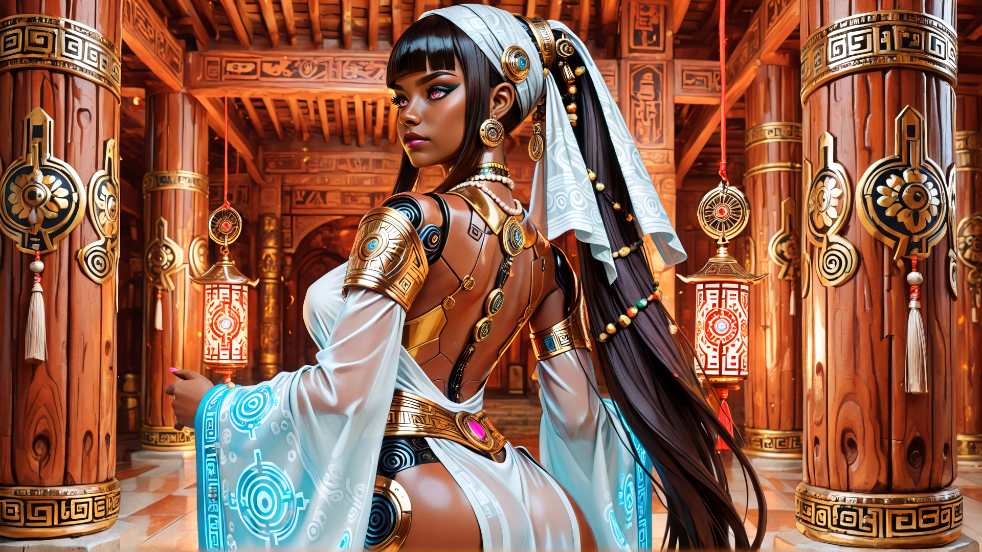 AI generated wallpaper featuring woman, goddess, ancient, tribal, fashion, jewelry, lantern, column, headdress, armor