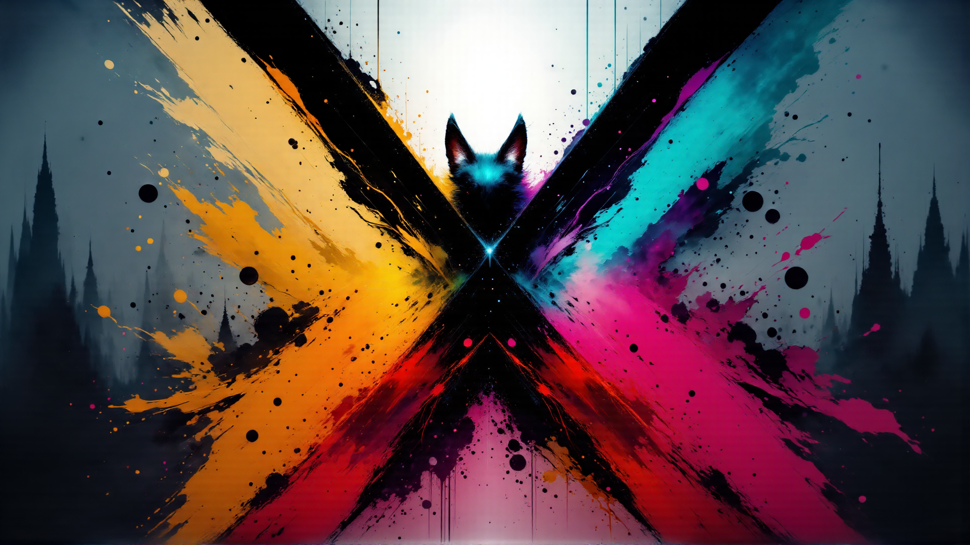 AI generated wallpaper featuring fox, splotch, ink, splash, x, spill