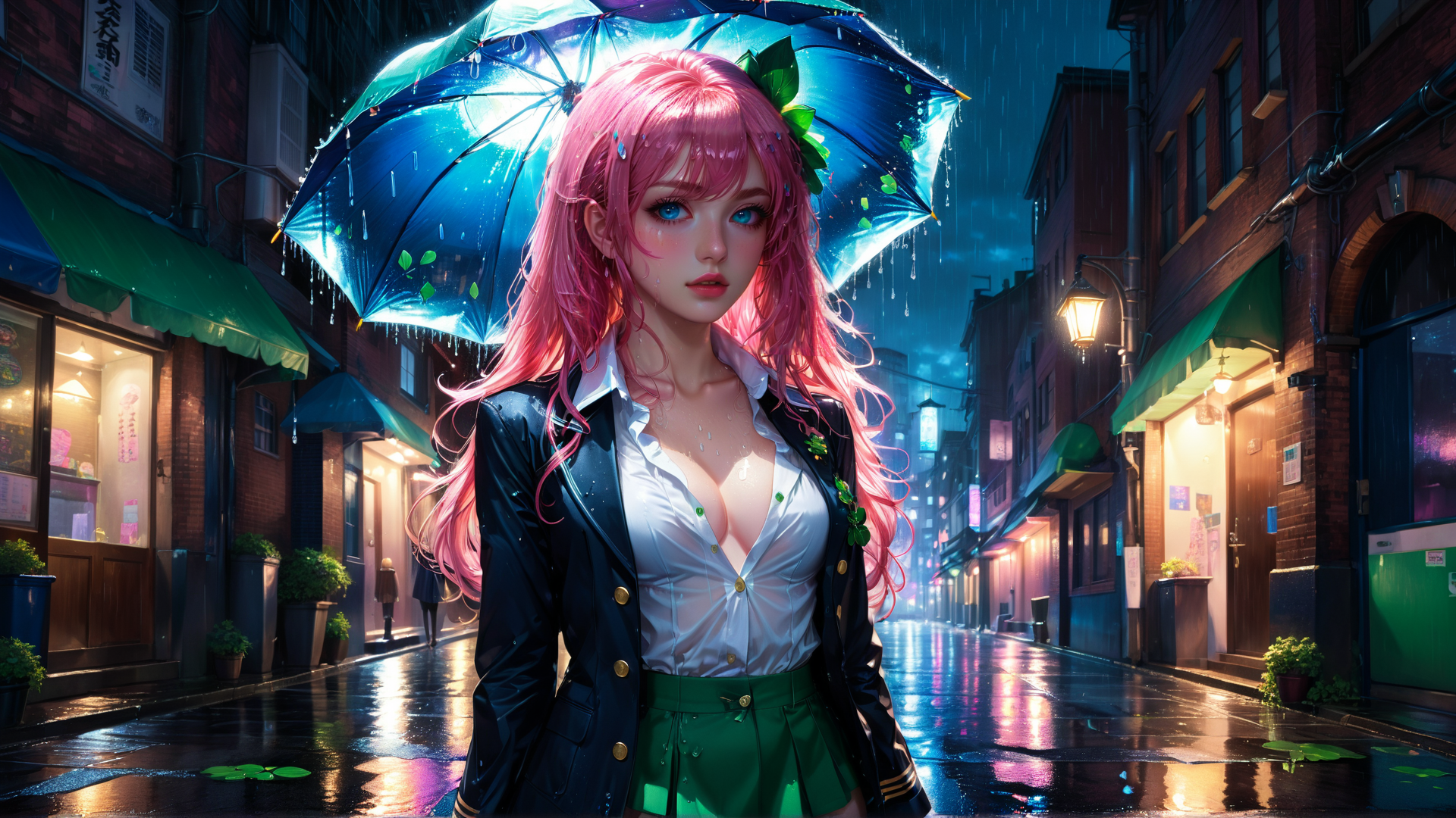 AI generated wallpaper featuring girl, umbrella, street, rain, building, store, light, plant, shoe, clothing