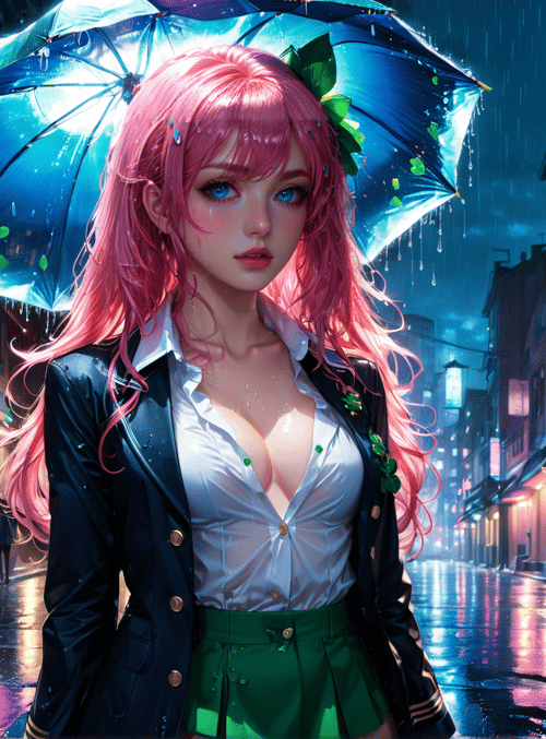 girl, umbrella, street, rain, building, store, light, plant, shoe, clothing