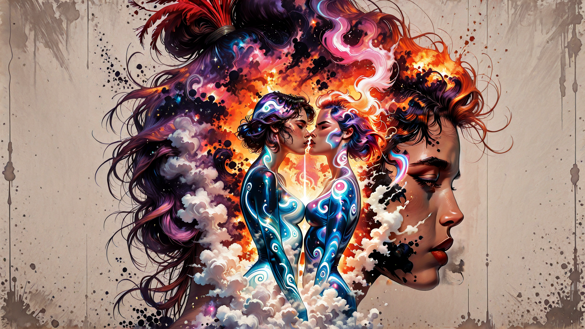AI generated wallpaper featuring women, kiss, feathers, clouds, neon, abstract, surreal, digital art, artwork, symmetry